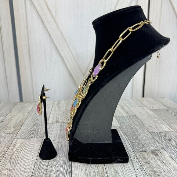 Pastel Gemstone Statement Bib Necklace Earrings Set - Picture 4 of 8